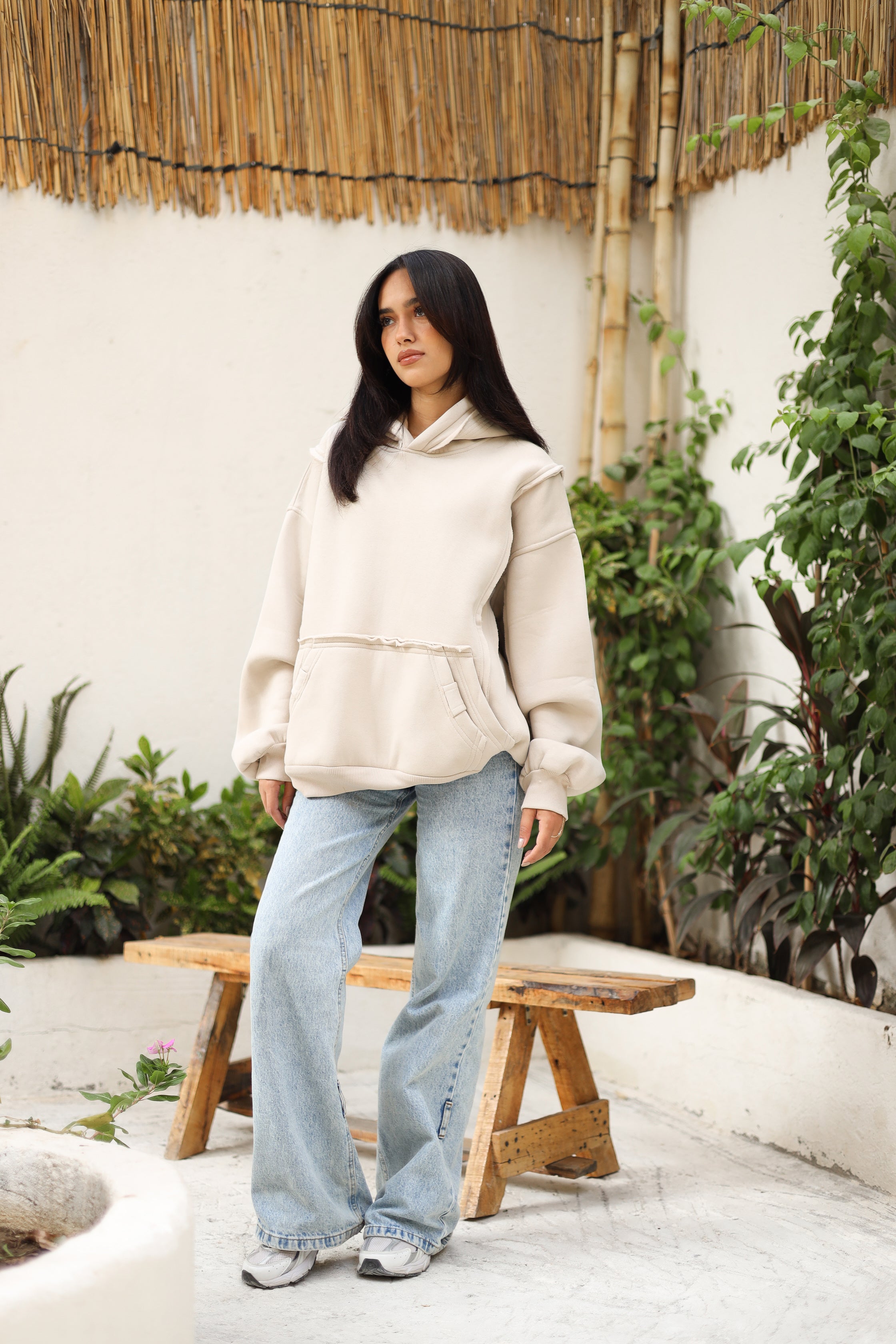 Distressed Hoodi- Beige