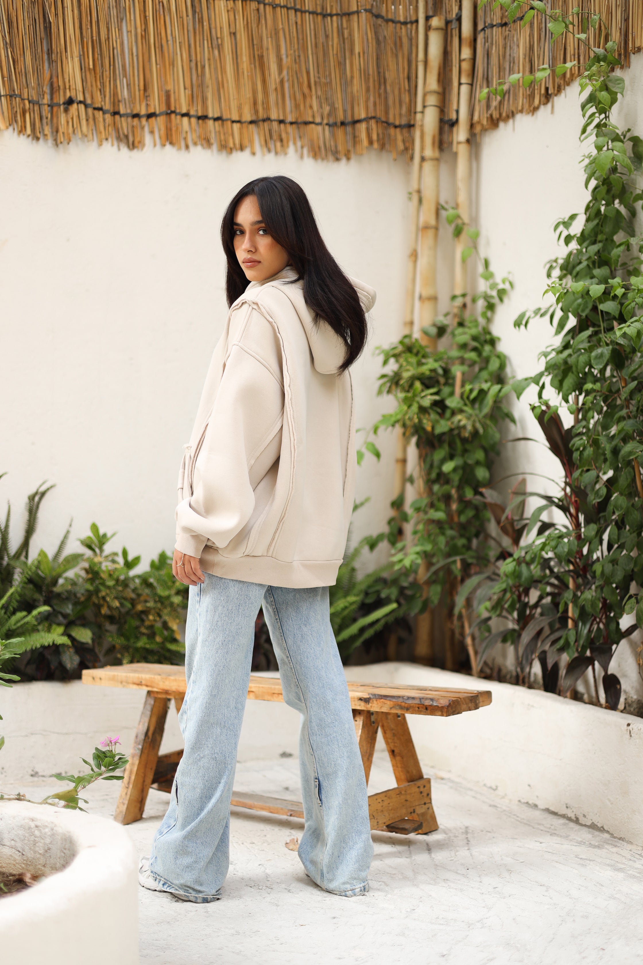 Distressed Hoodi- Beige